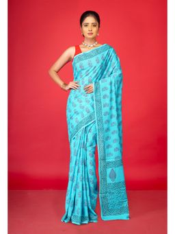 Unnati Silks - Blue Pure Block Printed Soft Cotton Saree With Unstitched Blouse