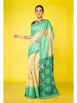 Unnati Silks - Cream-Green Pure Block Printed Soft Cotton Saree With Unstitched Blouse