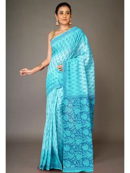 Unnati Silks - Blue Pure Block Printed Soft Cotton Saree With Unstitched Blouse