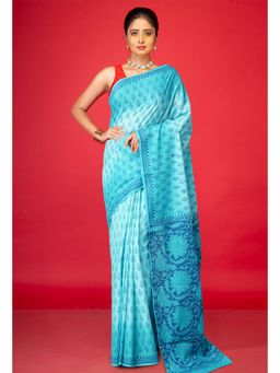 Unnati Silks - Blue Pure Block Printed Soft Cotton Saree With Unstitched Blouse