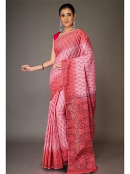 Unnati Silks - Pink-Red Pure Block Printed Soft Cotton Saree With Unstitched Blouse