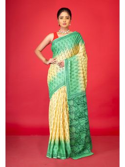 Unnati Silks - Cream-Green Pure Block Printed Soft Cotton Saree With Unstitched Blouse