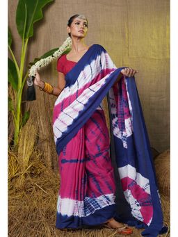 Unnati Silks - Pink -Navy Blue Tie And Dye Shibori Printed Saree With Unstitched Blouse