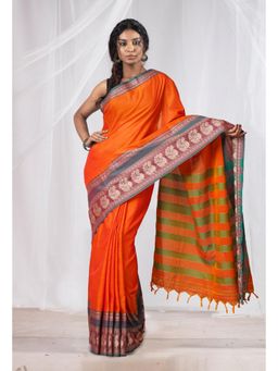 Unnati Silks - Orange Pure Handloom Narayani Cotton Saree without Blouse