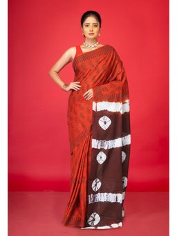 Unnati Silks - Orange Brown Pure Trendy Shibori Block Printed Soft Cottons Saree
