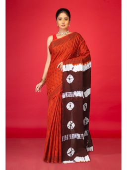 Unnati Silks - Orange Brown Pure Tie And Dye Shibori Block Printed Soft Cottons Saree