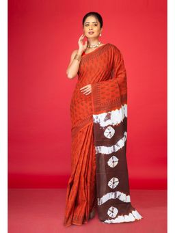 Unnati Silks - Orange Brown Trendy Shibori Block Printed Saree With Unstitched Blouse