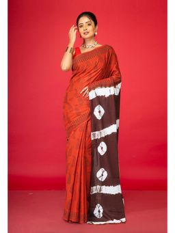 Unnati Silks - Orange Brown Trendy Shibori Block Printed Saree With Unstitched Blouse