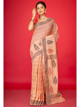 Unnati Silks - Coral Pure Hand Block Printed Soft Cotton Saree With Unstitched Blouse