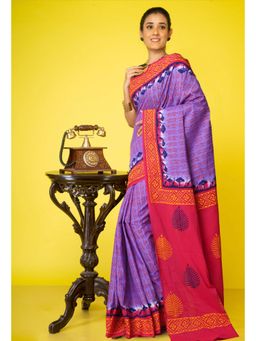 Unnati Silks - Lavender Pure Hand Block Printed Soft Cotton Saree With Unstitched Blouse