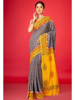 Unnati Silks - Grey Pure Hand Block Printed Soft Cotton Saree With Unstitched Blouse