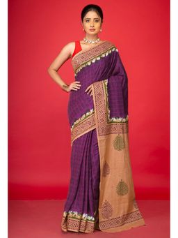 Unnati Silks - Purple Pure Hand Block Printed Soft Cotton Saree With Unstitched Blouse