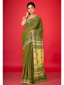 Unnati Silks - Green Pure Hand Block Printed Soft Cotton Saree With Unstitched Blouse