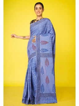 Unnati Silks - Blue Pure Hand Block Printed Soft Cotton Saree With Unstitched Blouse