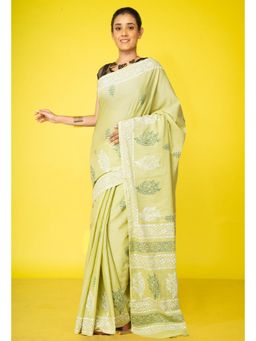 Unnati Silks - Green Pure Hand Block Printed Soft Cotton Saree With Unstitched Blouse