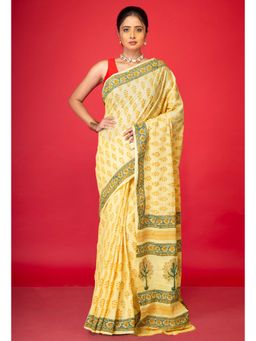 Unnati Silks - Cream Pure Hand Block Printed Soft Cotton Saree With Unstitched Blouse