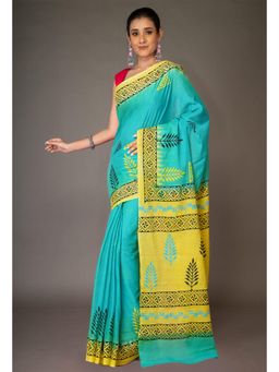 Unnati Silks - Blue Pure Hand Block Printed Soft Cotton Saree With Unstitched Blouse