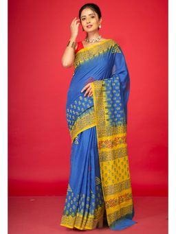 Unnati Silks - Blue Pure Hand Block Printed Soft Cotton Saree With Unstitched Blouse