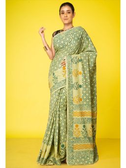 Unnati Silks - Green Pure Hand Block Printed Soft Cotton Saree With Unstitched Blouse