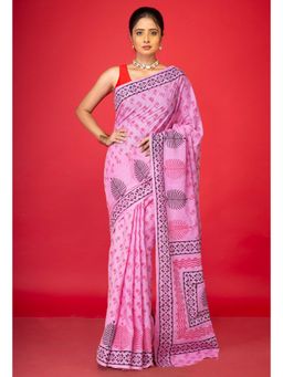 Unnati Silks - Pink Pure Hand Block Printed Soft Cotton Saree With Unstitched Blouse