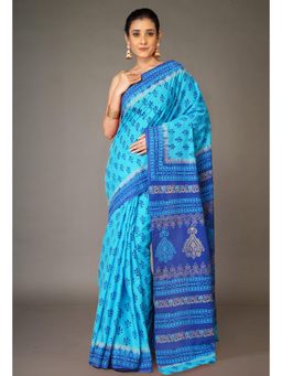 Unnati Silks - Blue Pure Hand Block Printed Soft Cotton Saree With Unstitched Blouse