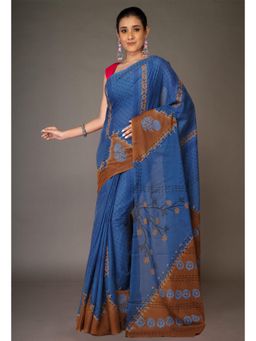 Unnati Silks - Blue Pure Hand Block Printed Soft Cotton Saree With Unstitched Blouse
