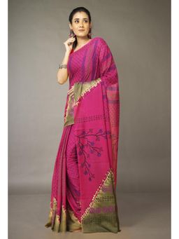 Unnati Silks - Pink Pure Hand Block Printed Soft Cotton Saree With Unstitched Blouse