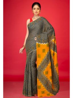 Unnati Silks - Grey Pure Hand Block Printed Soft Cotton Saree With Unstitched Blouse