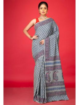 Unnati Silks - Grey Pure Hand Block Printed Soft Cotton Saree With Unstitched Blouse