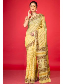 Unnati Silks - Cream Pure Hand Block Printed Soft Cotton Saree With Unstitched Blouse