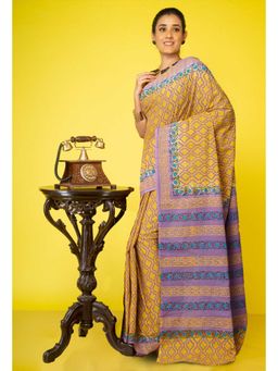 Unnati Silks - Yellow Pure Hand Block Printed Soft Cotton Saree With Unstitched Blouse