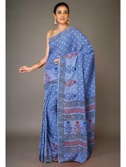 Unnati Silks - Blue Pure Hand Block Printed Soft Cotton Saree With Unstitched Blouse