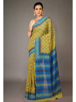 Unnati Silks - Yellow Pure Hand Block Printed Soft Cotton Saree With Unstitched Blouse