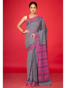 Unnati Silks - Green Pure Hand Block Printed Soft Cotton Saree With Unstitched Blouse