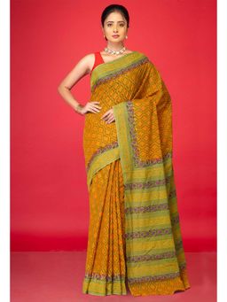 Unnati Silks - Yellow Pure Hand Block Printed Soft Cotton Saree With Unstitched Blouse