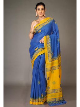 Unnati Silks - Blue Pure Hand Block Printed Soft Cotton Saree With Unstitched Blouse