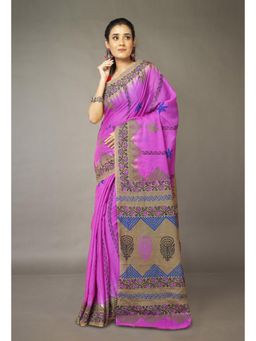 Unnati Silks - Purple Pure Hand Block Printed Soft Cotton Saree With Unstitched Blouse