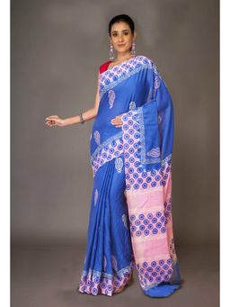Unnati Silks - Blue Pure Hand Block Printed Soft Cotton Saree With Unstitched Blouse