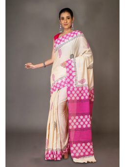 Unnati Silks - Cream Pure Hand Block Printed Soft Cotton Saree With Unstitched Blouse