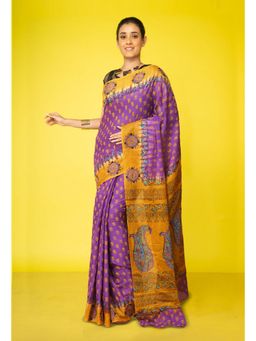 Unnati Silks - Purple Pure Hand Block Printed Soft Cotton Saree With Unstitched Blouse