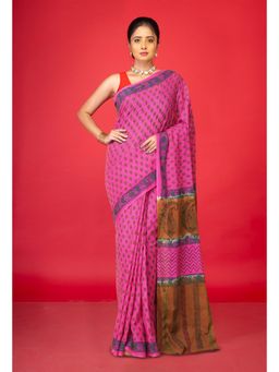 Unnati Silks - Pink Pure Hand Block Printed Soft Cotton Saree With Unstitched Blouse