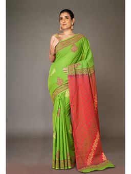 Unnati Silks - Green Pure Hand Block Printed Soft Cotton Saree With Unstitched Blouse