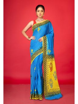 Unnati Silks - Blue Pure Hand Block Printed Soft Cotton Saree With Unstitched Blouse
