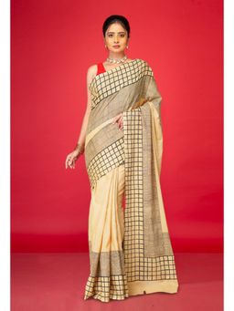 Unnati Silks - Beige Pure Hand Block Printed Soft Cotton Saree With Unstitched Blouse
