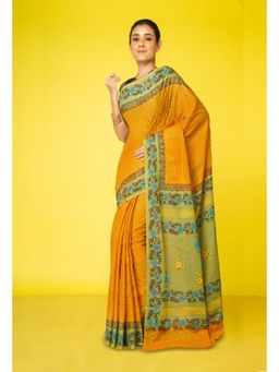 Unnati Silks - Mustard Pure Hand Block Printed Soft Cotton Saree With Unstitched Blouse