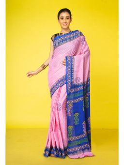Unnati Silks - Pink Pure Hand Block Printed Soft Cotton Saree With Unstitched Blouse