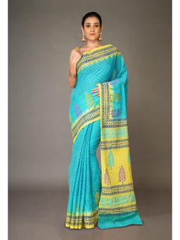 Unnati Silks - Blue Pure Hand Block Printed Soft Cotton Saree With Unstitched Blouse