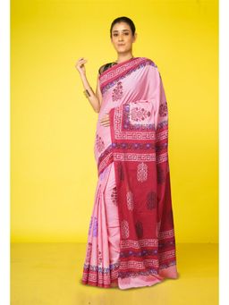 Unnati Silks - Pink Pure Hand Block Printed Soft Cotton Saree With Unstitched Blouse