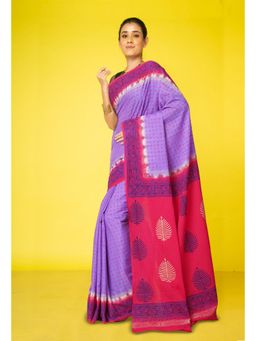 Unnati Silks - Lavender Pure Hand Block Printed Soft Cotton Saree With Unstitched Blouse