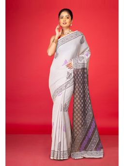Unnati Silks - Grey Pure Hand Block Printed Soft Cotton Saree With Unstitched Blouse